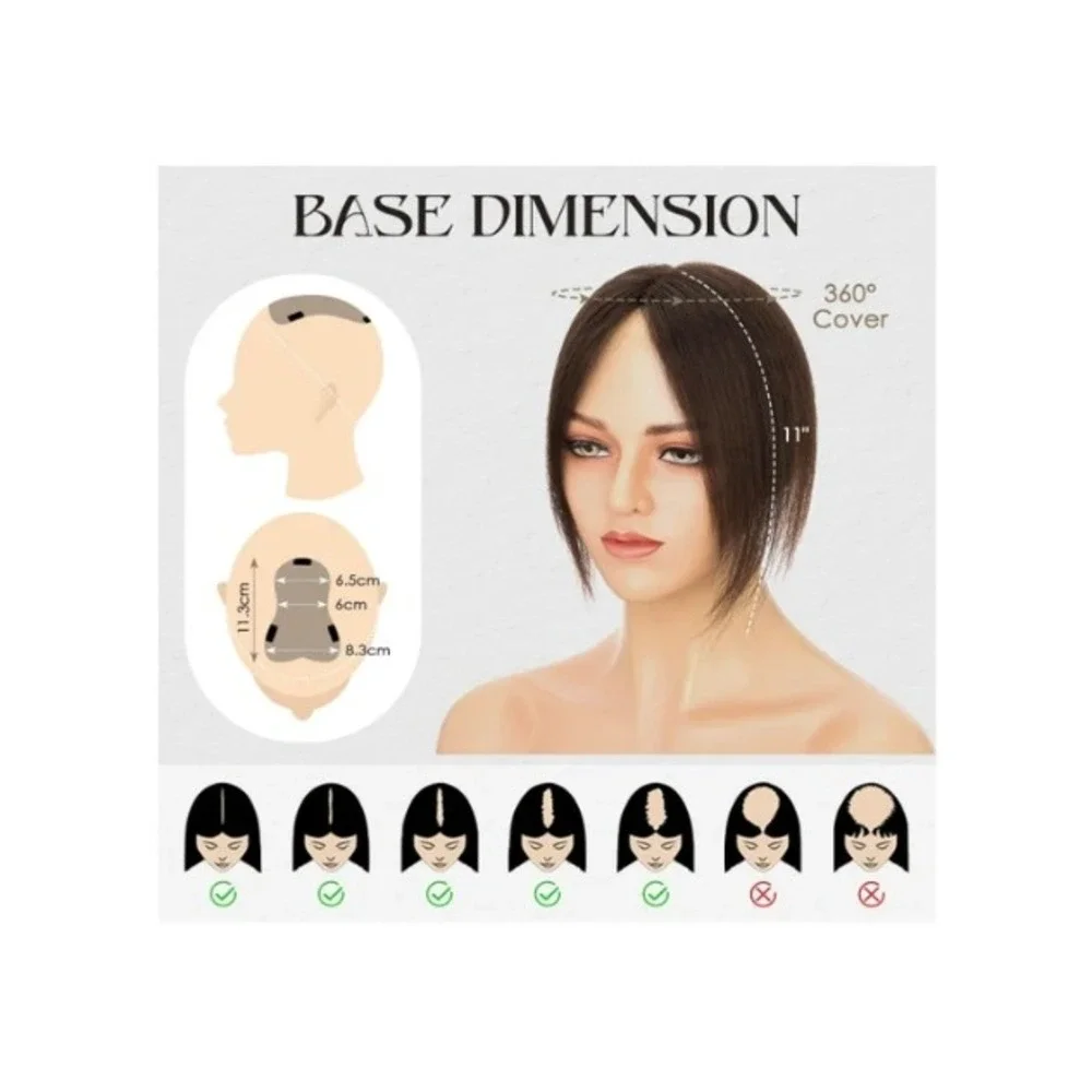 Hairro Human Hair Topper Dark Brown 10in Thinning Hairpiece Middle Part Bangs